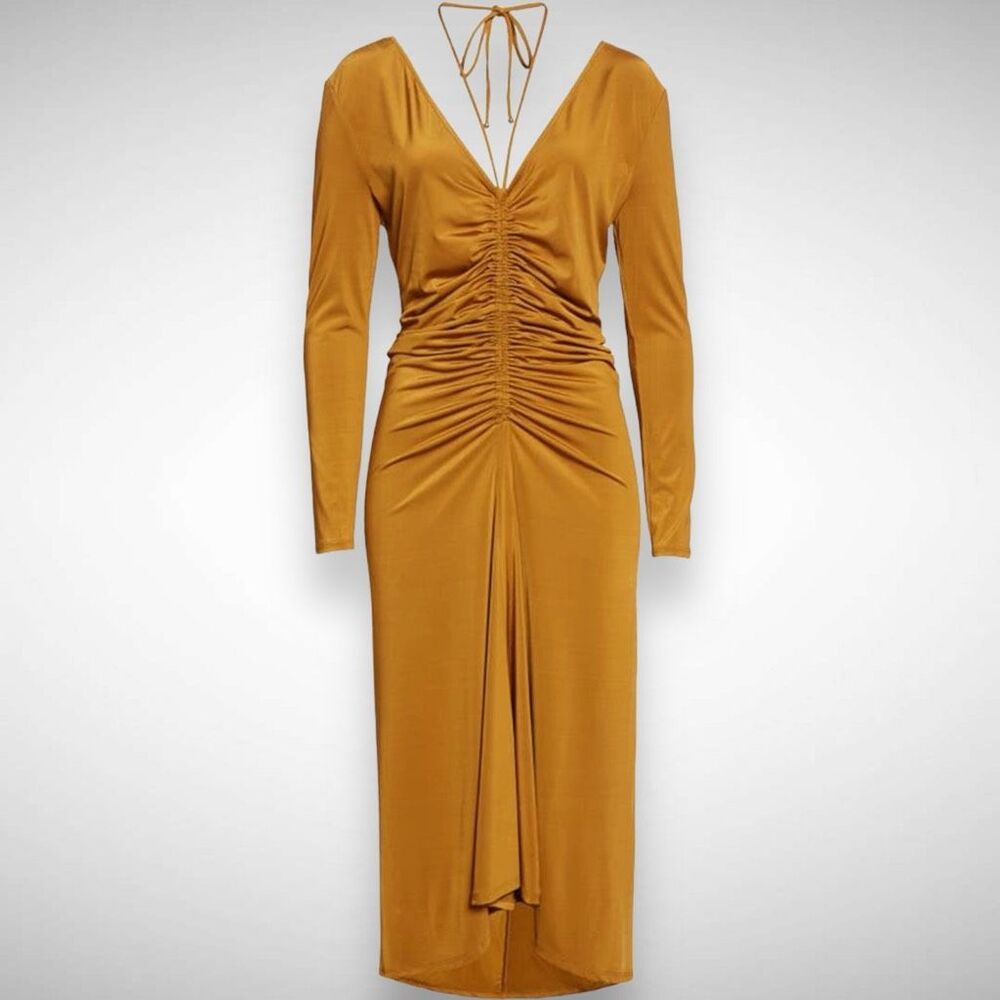 Veronica Beard Gilbert Antique Gold Jersey Long Sleeve Ruched Midi Dress Size 00 - Picture 10 of 10